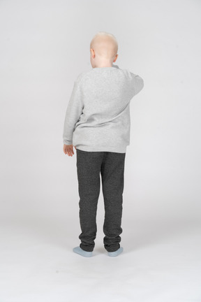 Back view of a standing little boy