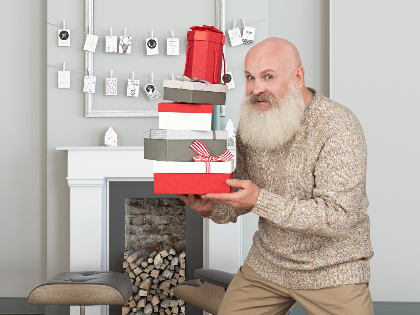 White bearded man bringing christmas gifts