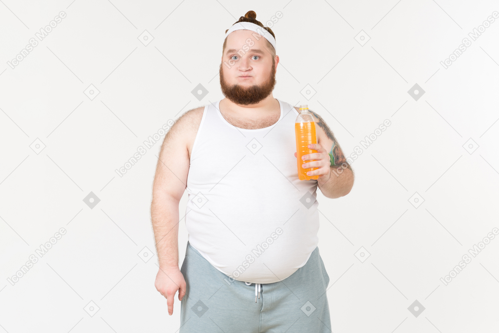 A fat man in sportswear holding a bottle of soft drink with his cheeks puffed out