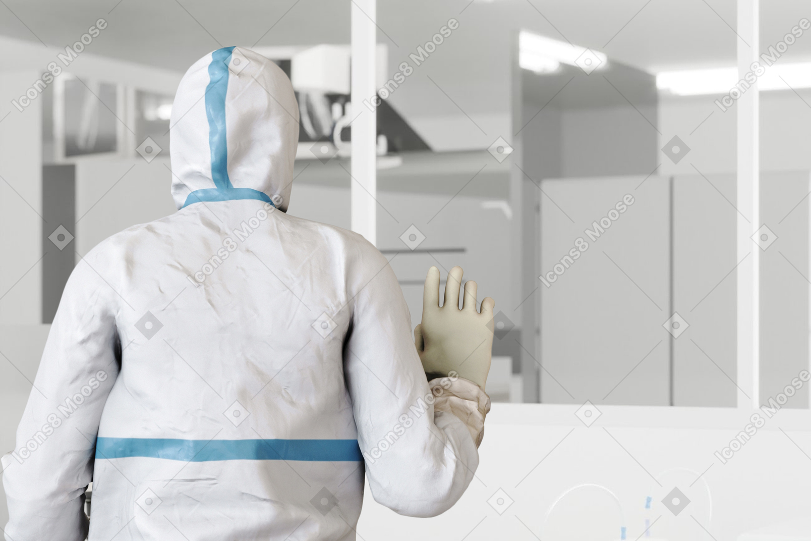 A person in a white suit and gloves