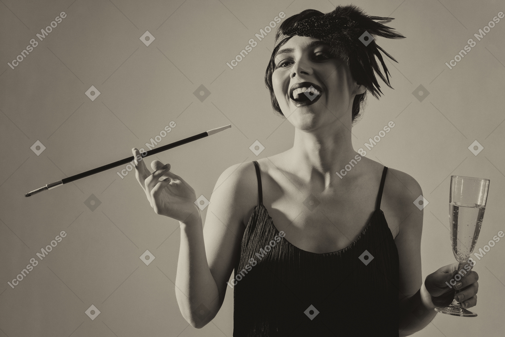 Cheerful flapper with glass of champagne and cigarette