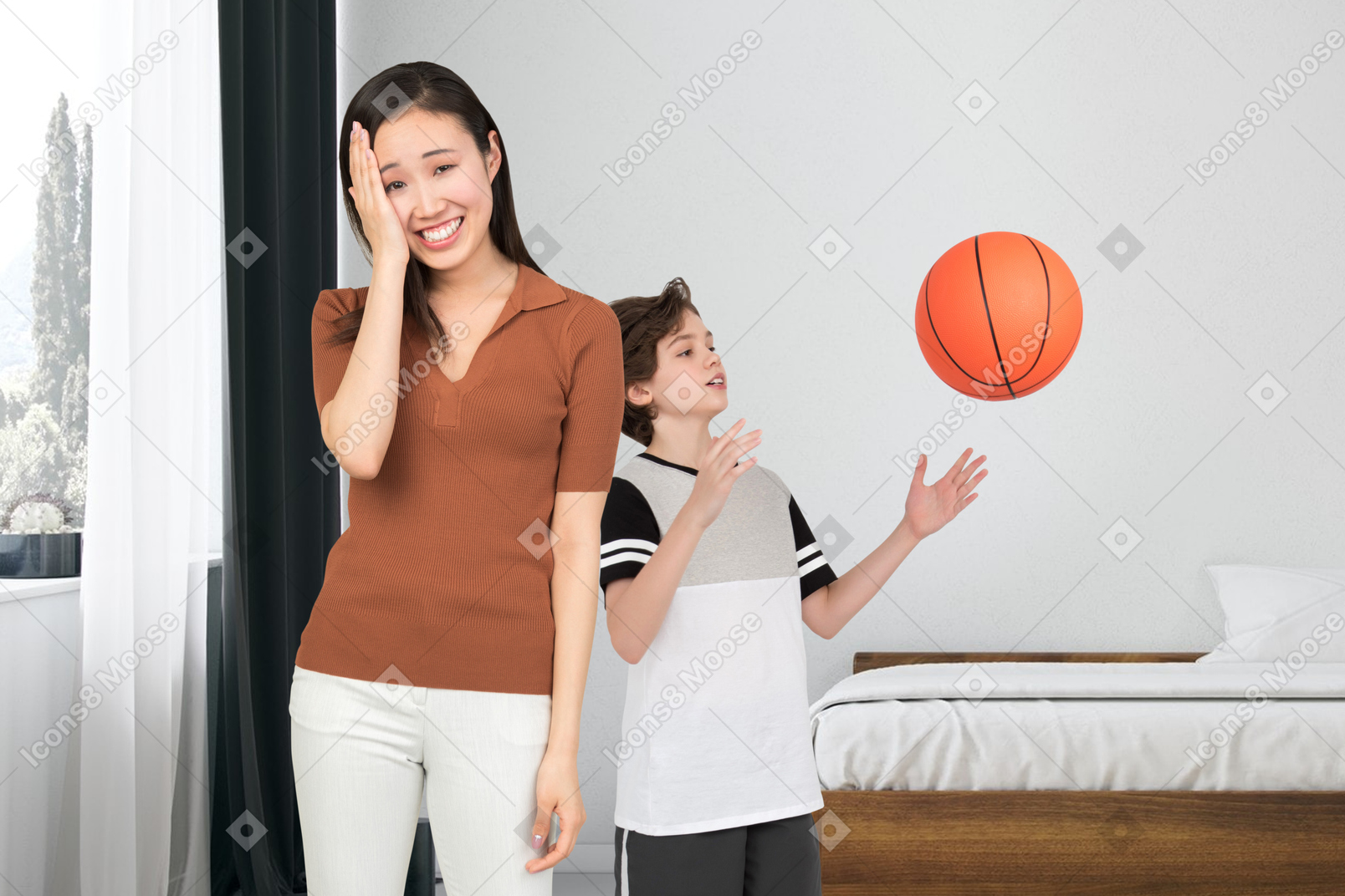 Woman holding her head and standing next to a boy playing basketball in bedroom