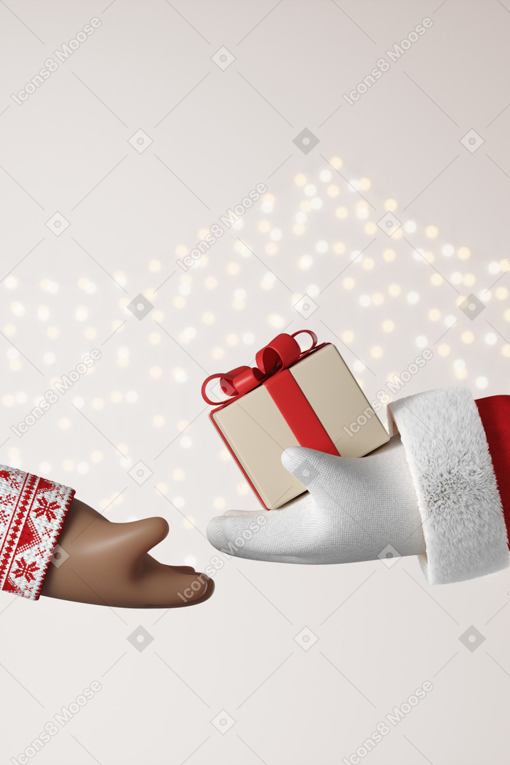 3d santa hands giving present to another 3d hands