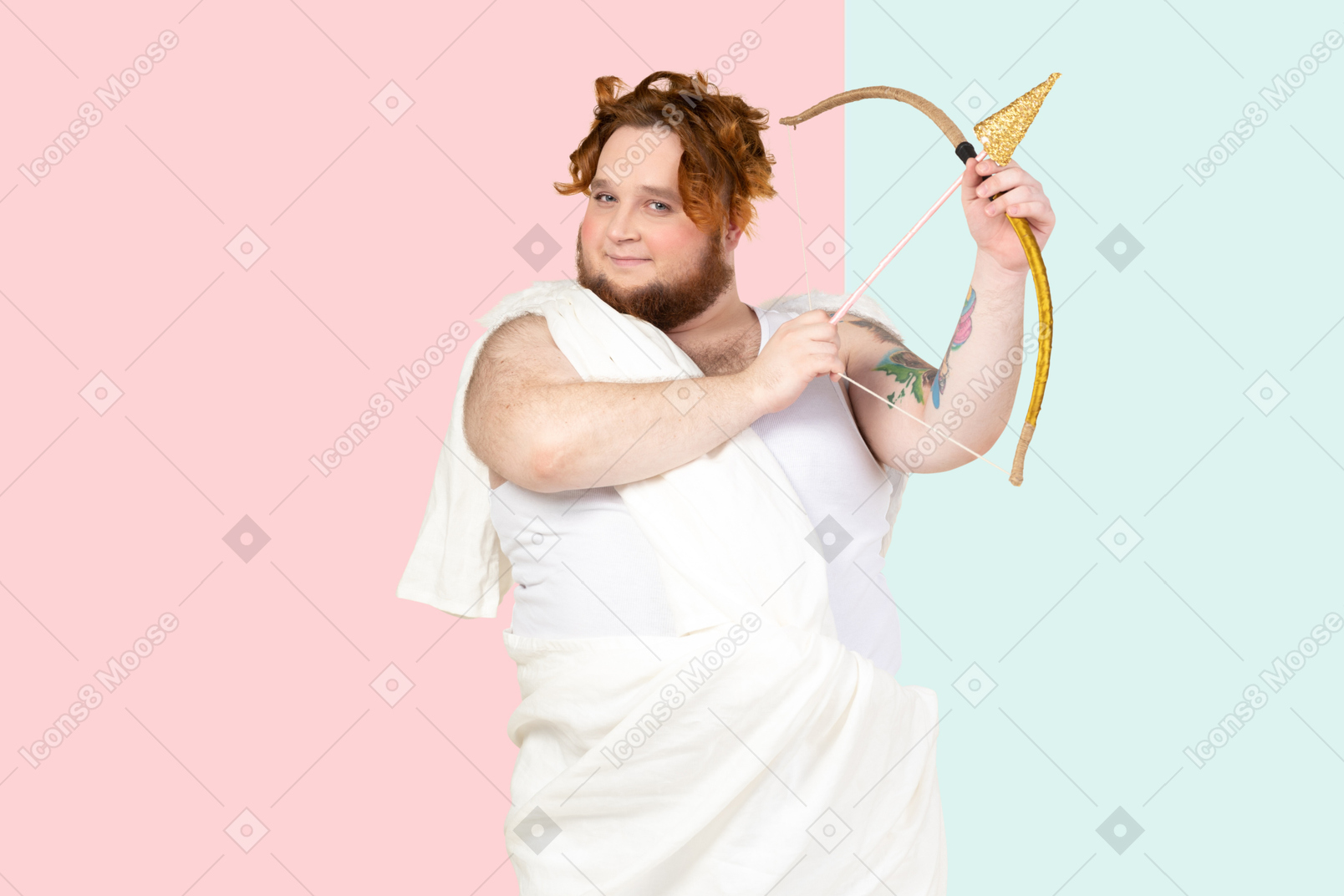 Cupid with bow and arrow against a pink and blue background