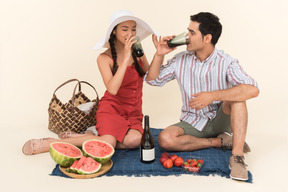年轻的异族夫妇野餐和喝葡萄酒