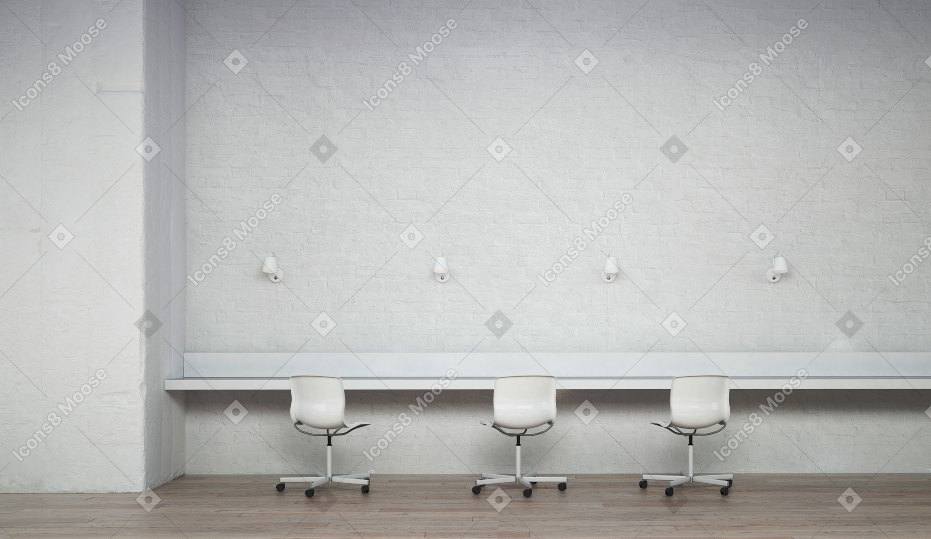 흰색 벽돌 벽, 좁은 테이블과 의자가 있는 방