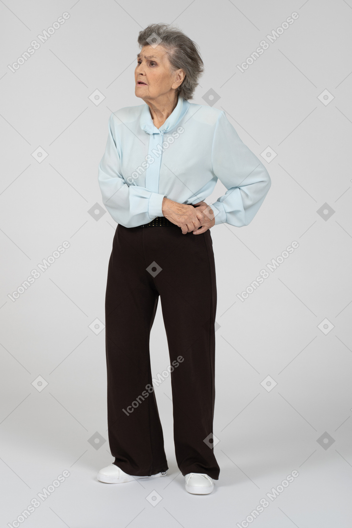 Front view of an old woman perking up