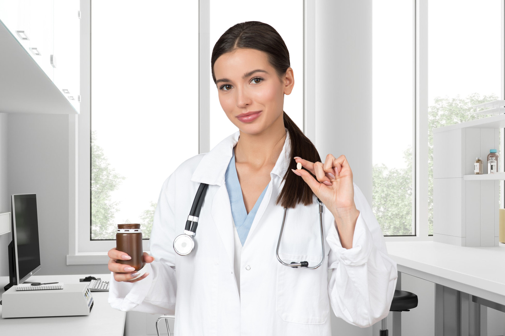 A female doctor standing in a medical office and holding pills
