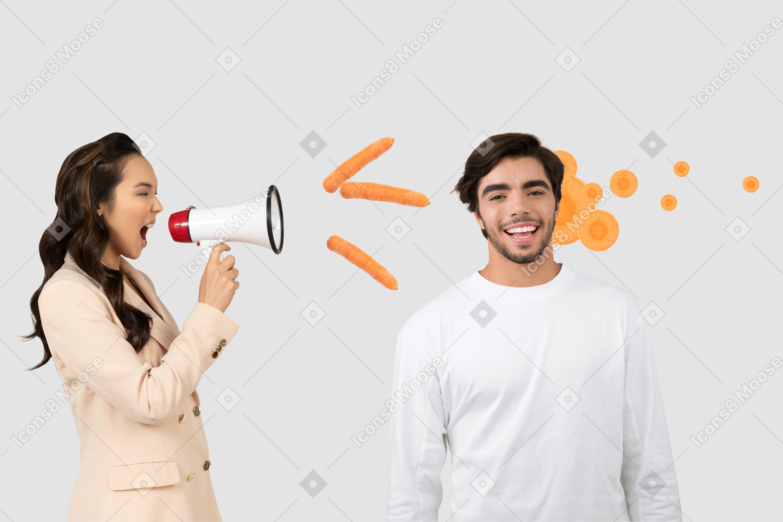 Woman yelling at man through megaphone