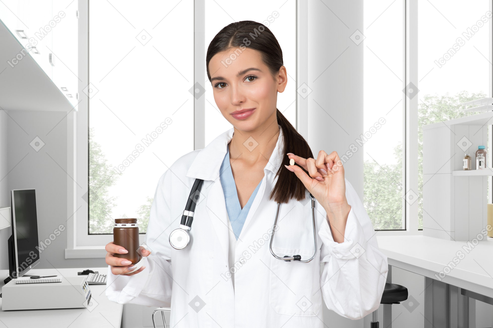 一位女医生站在医疗办公室，拿着药丸