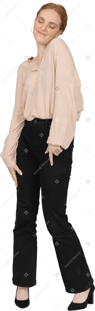 Woman in beautiful blouse standing