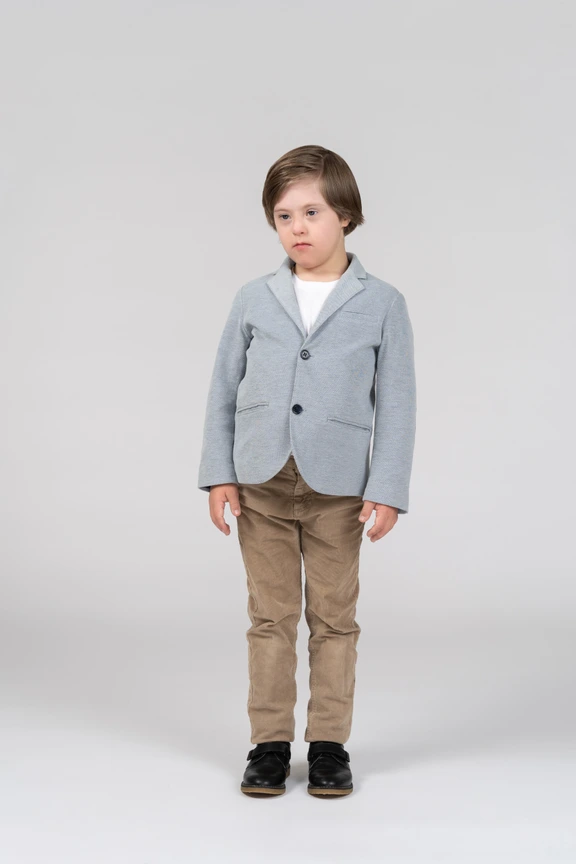 gray jacket khaki pants