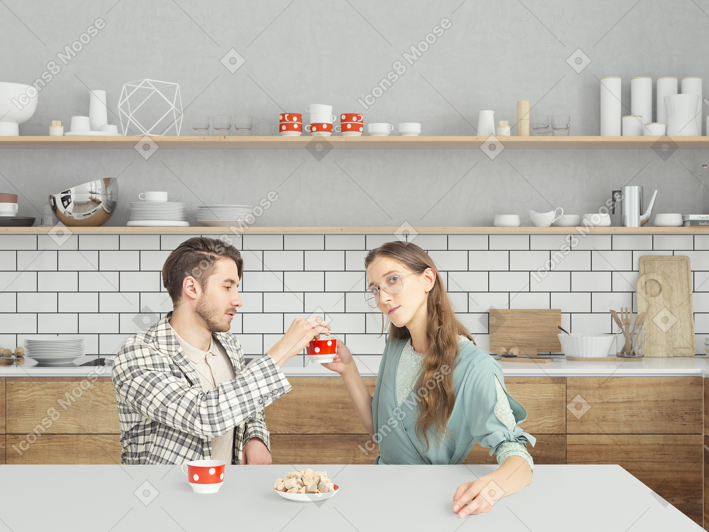 お茶を飲むハンサムなカップル