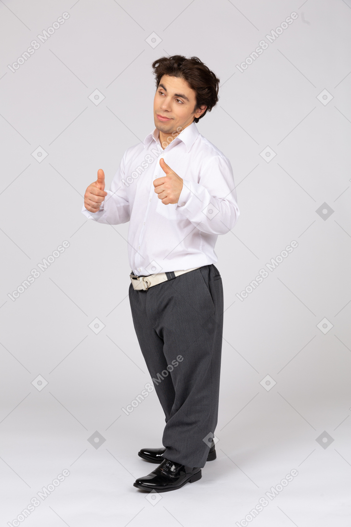 Smirking office worker showing thumbs up