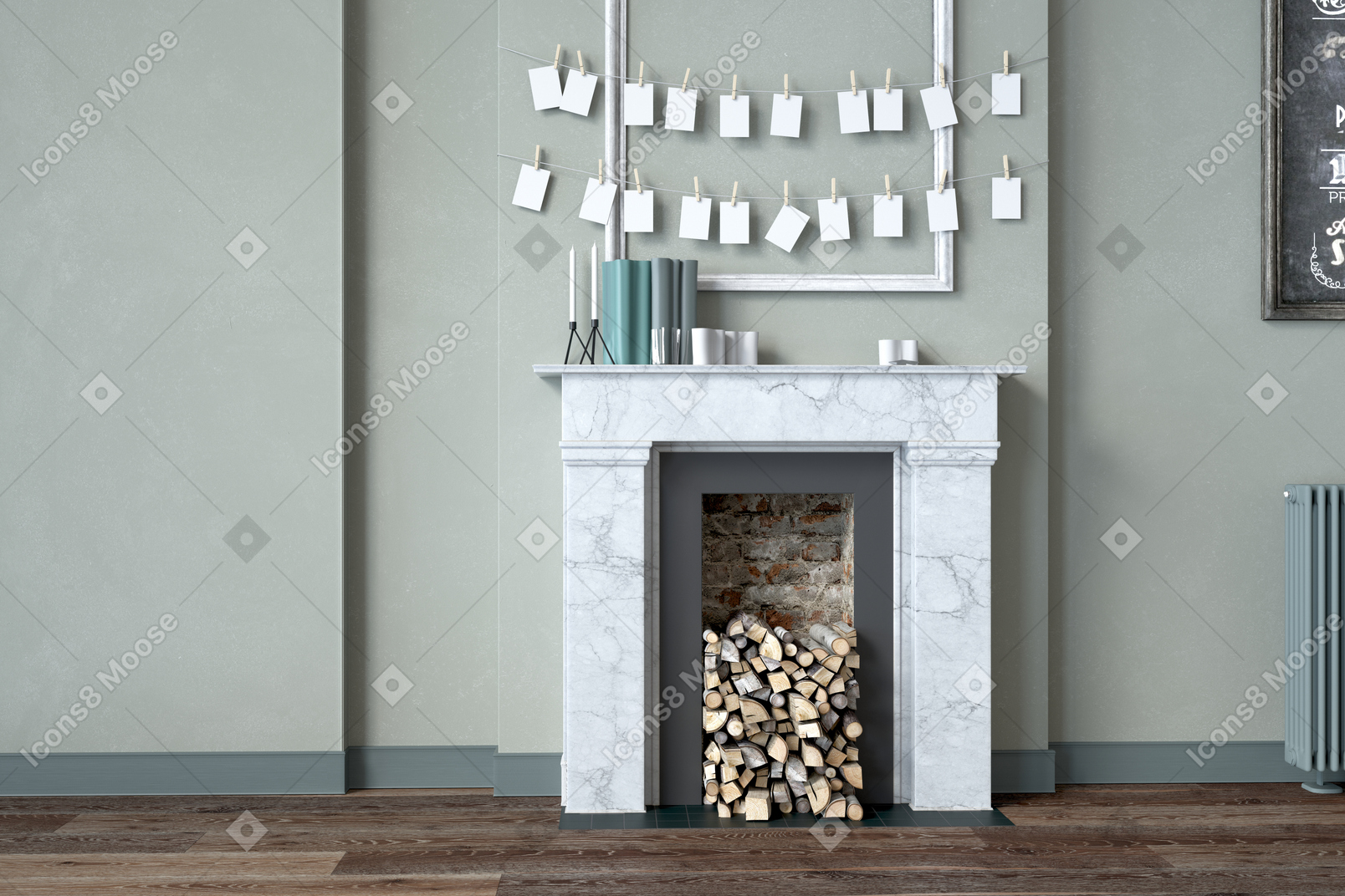 Room with blank cards hanging above the mantlepiece
