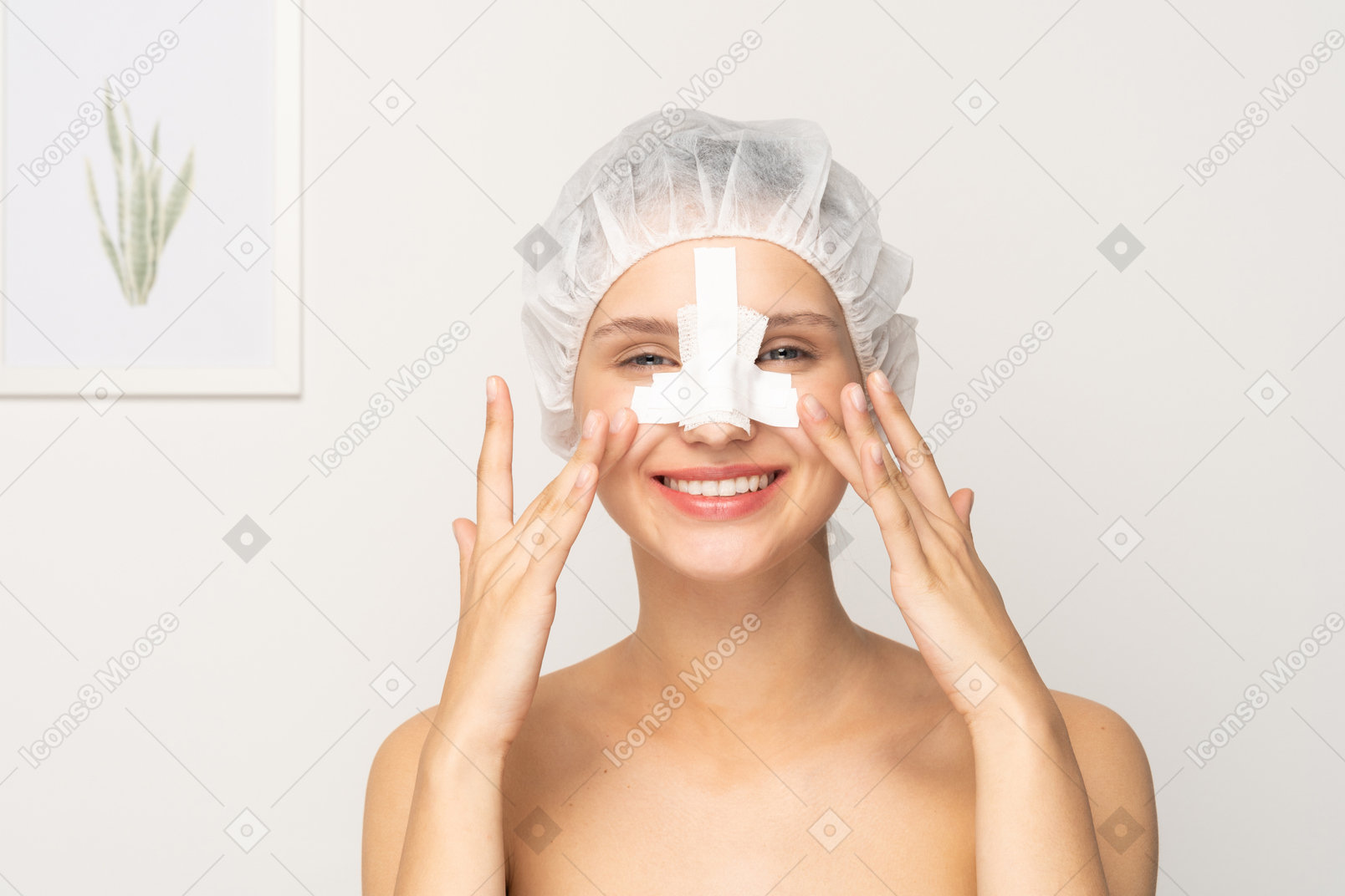 Молодая красивая женщина с повязкой на носу после ринопластики