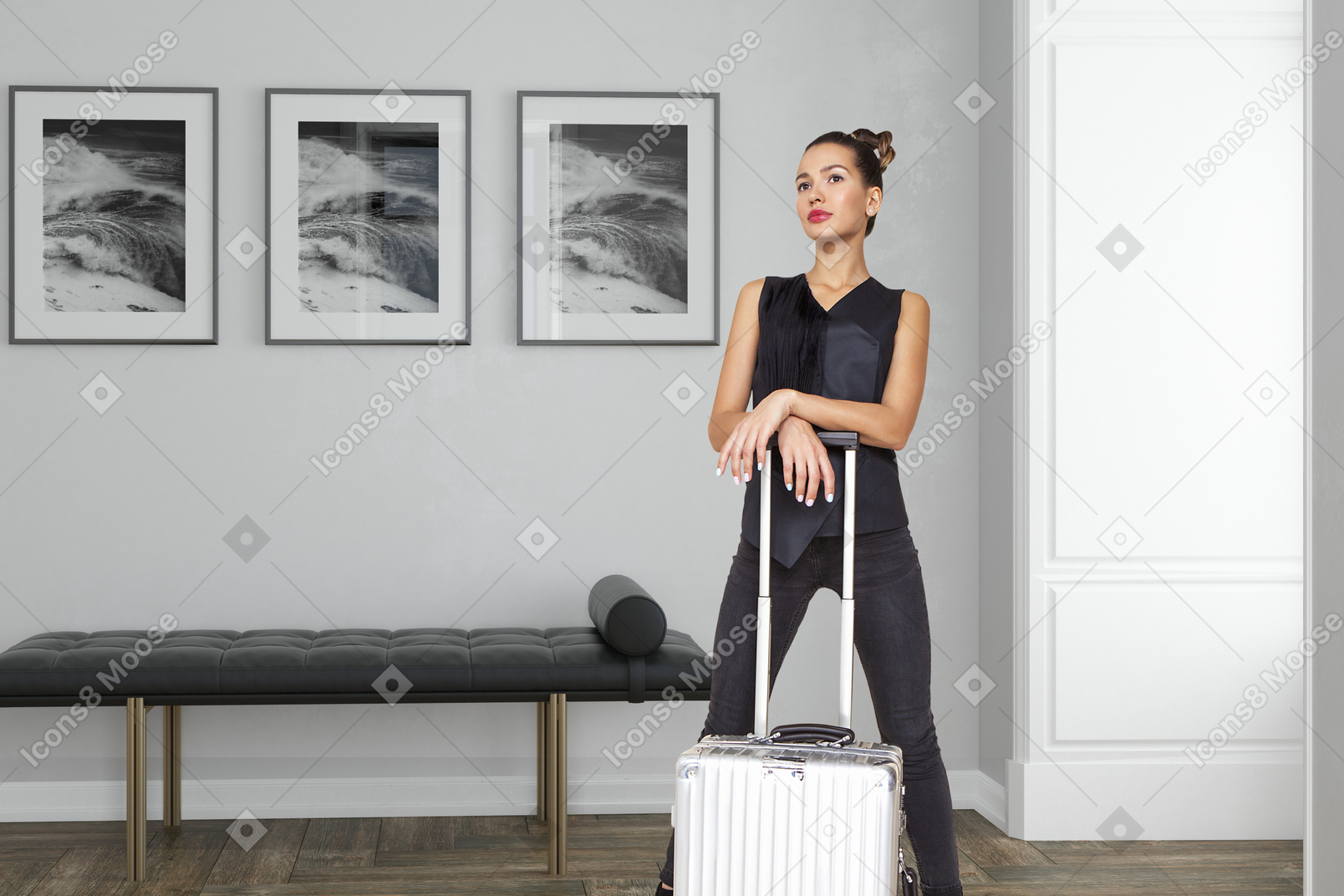 A woman standing with a suitcase in a room