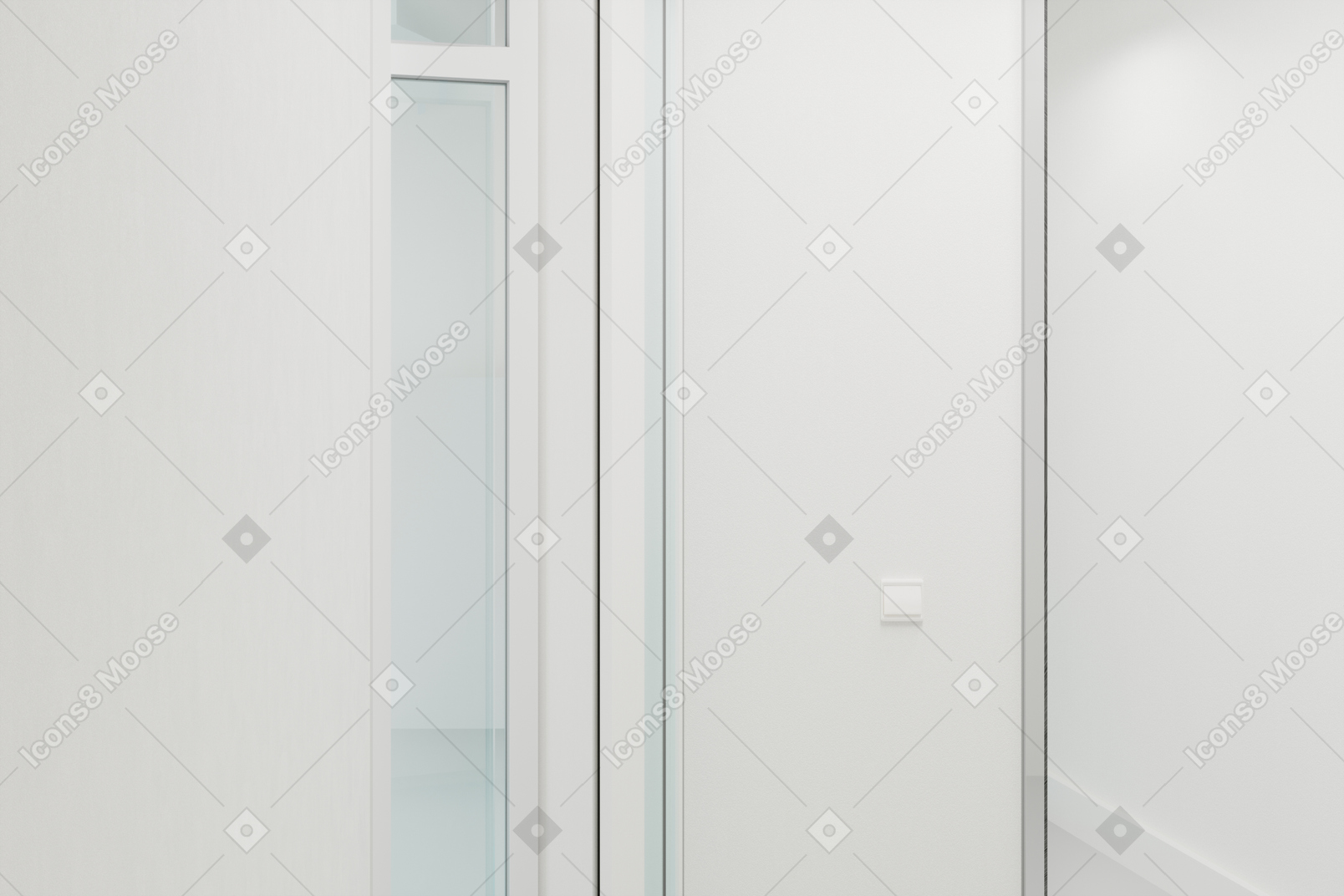 Pasillo blanco con puerta de cristal