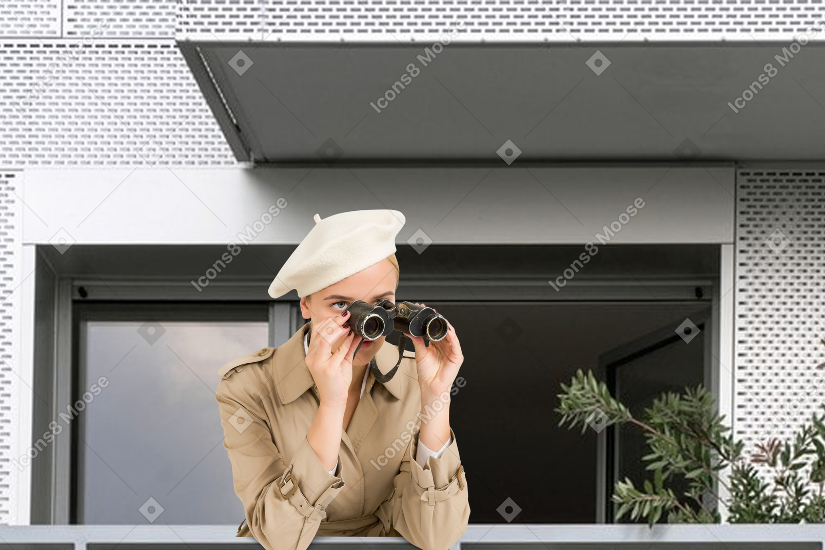 Young woman watching something through binoculars