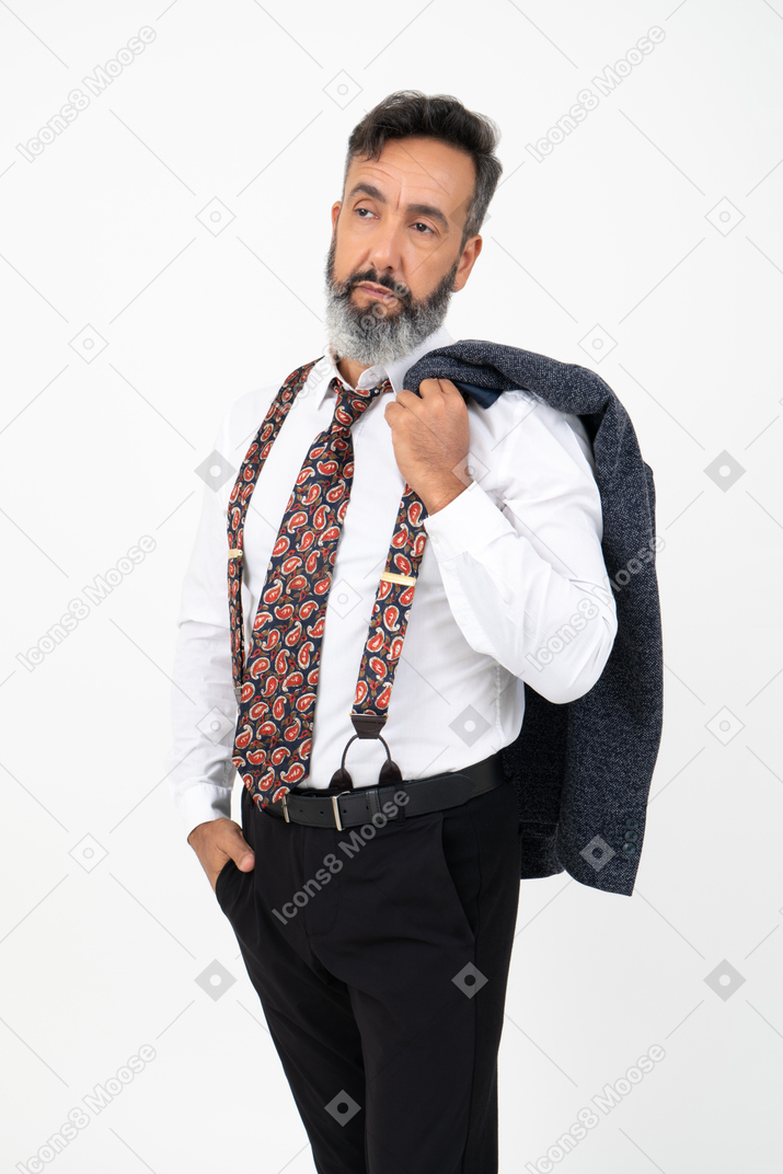 Man with tired look on his face holding his jacket