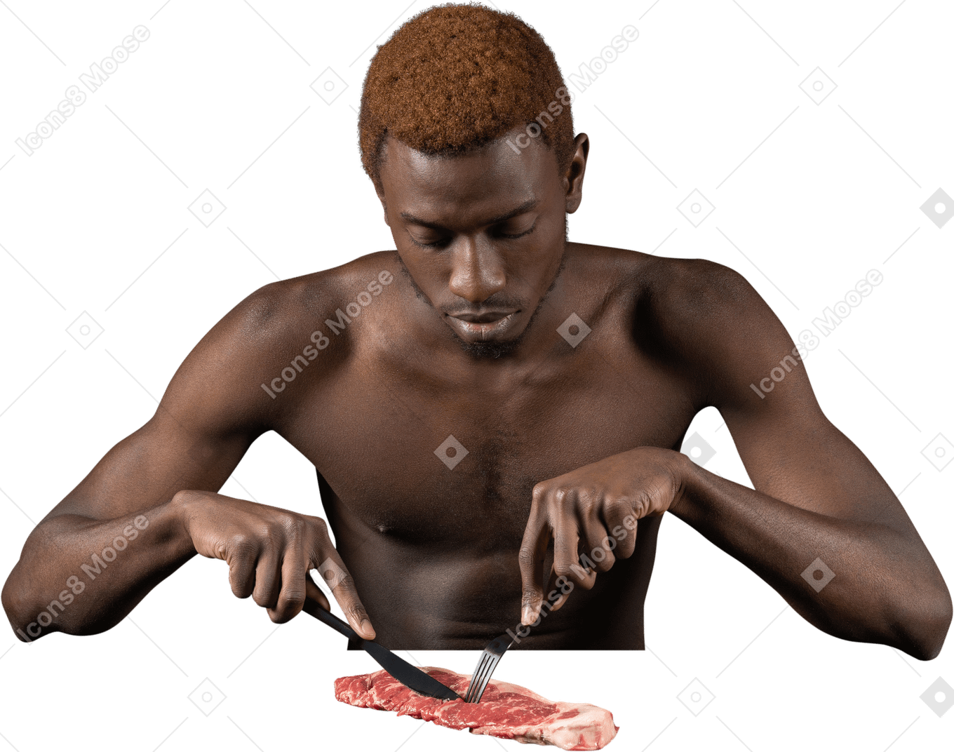 Front view of a withdrawn young afro man sitting near meat