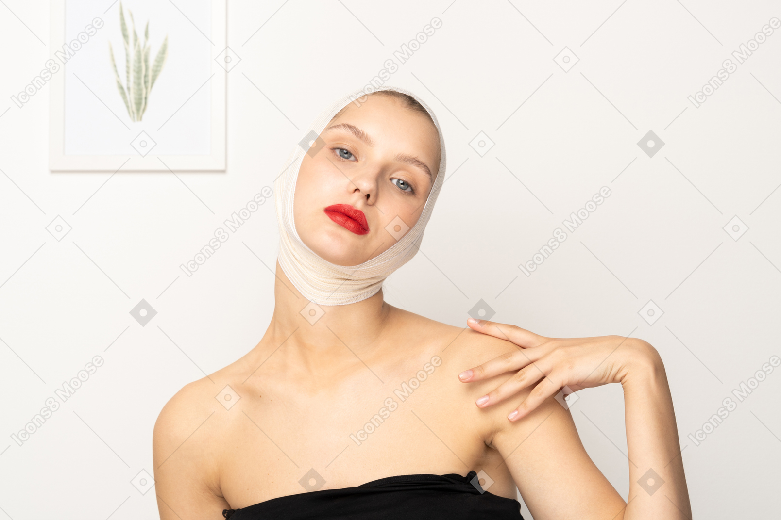 Woman with bandaged head resting hand on shoulder