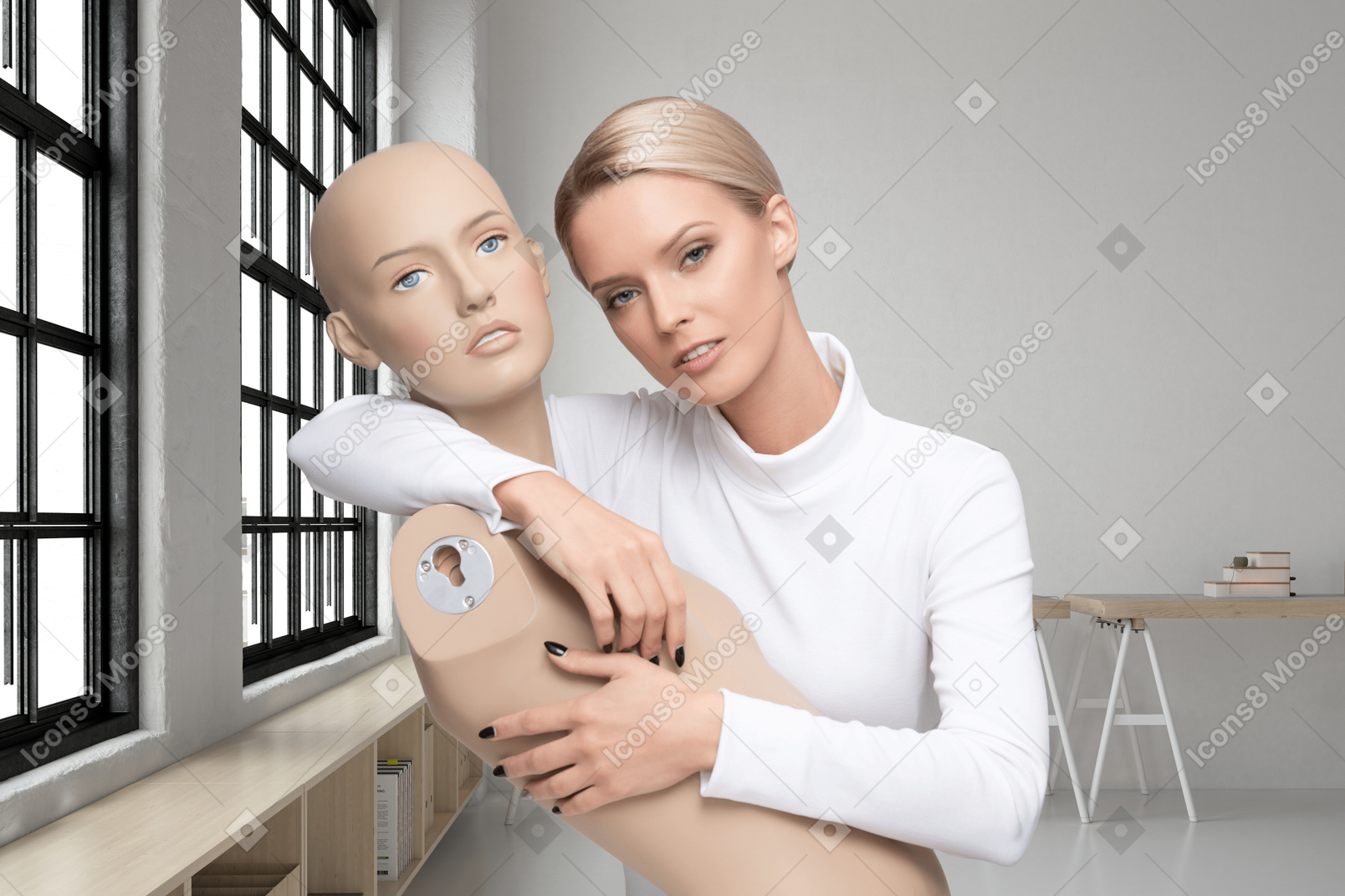 Beautiful woman holding mannequin