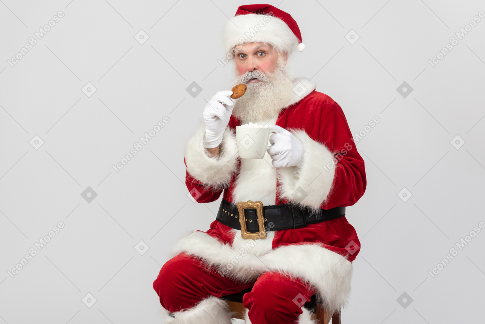 Santa claus eating cookie and having cookie
