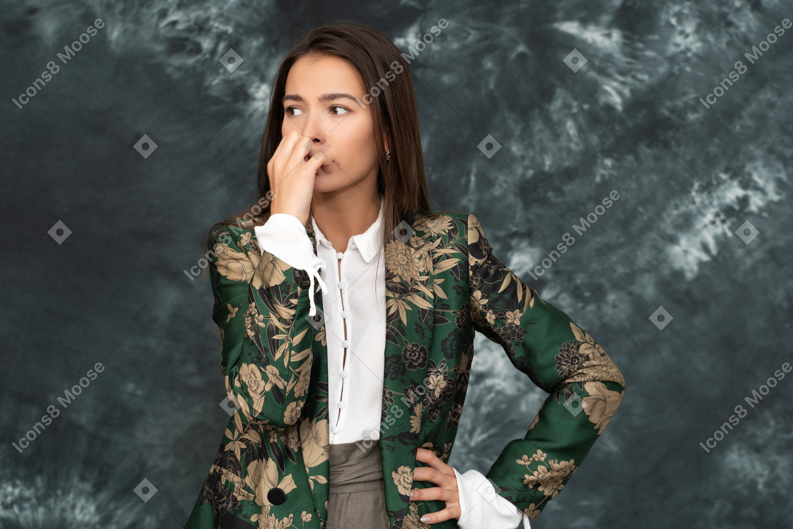 Portrait of a doubtful woman in silk japanese jacket