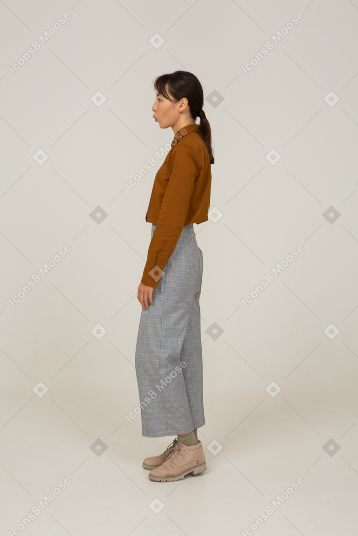 Vista laterale di una giovane donna asiatica imbronciata cattiva in calzoni e camicetta