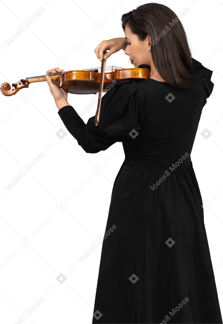 Close-up of a young lady in black dress playing the violin