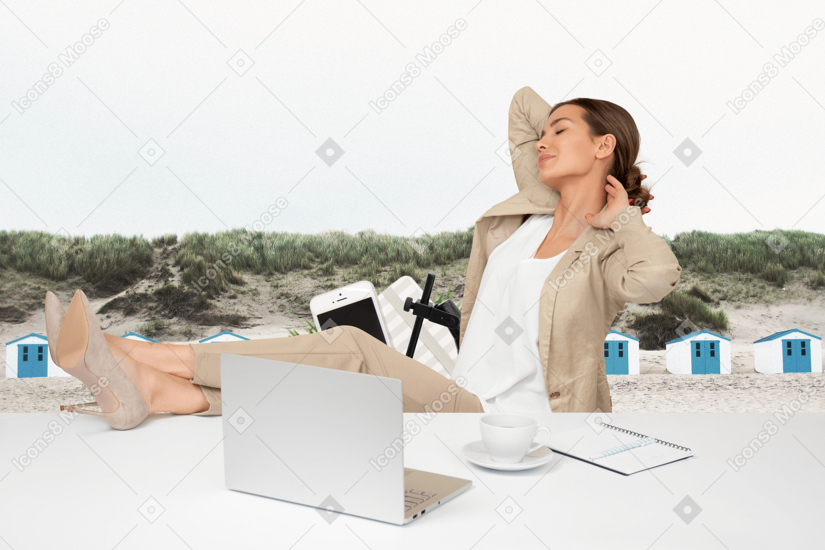 Young woman sitting by workplace with her feet on table