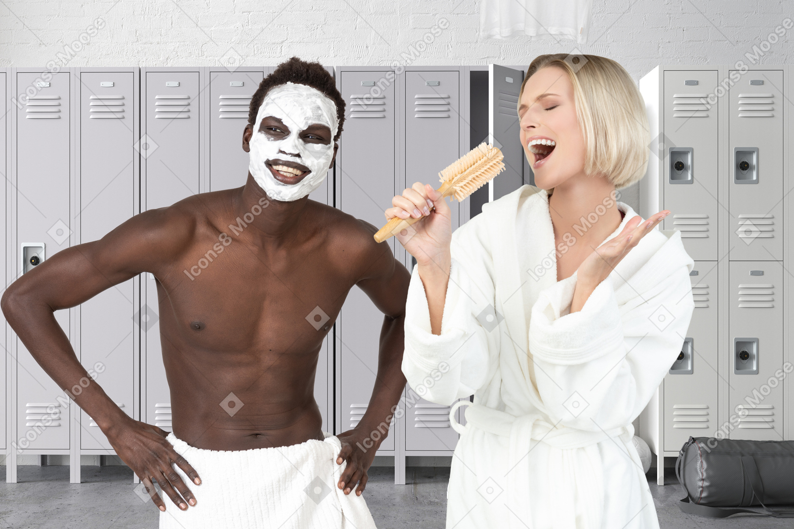 Woman singing into hairbrush next to man doing facial mask