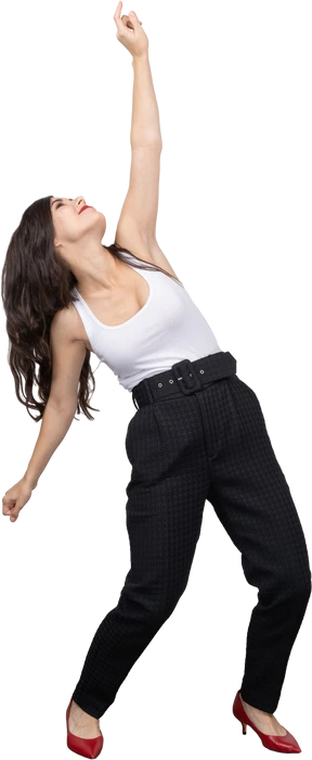 Full-length of a young female in office clothing leaning back and raising hand