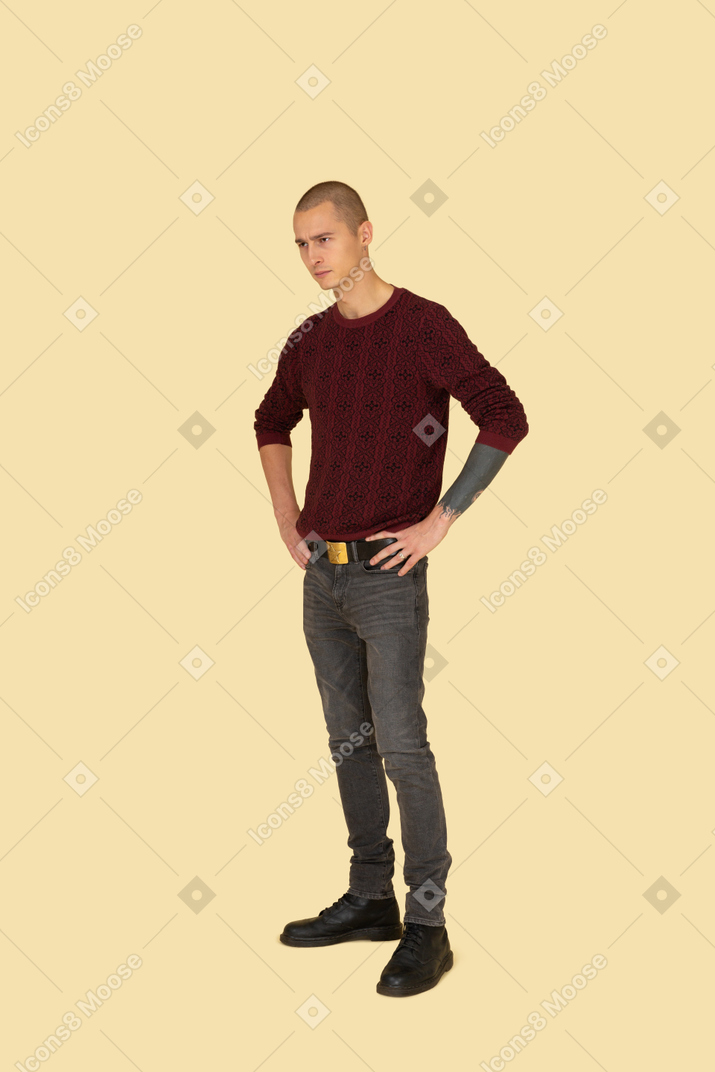 Dreiviertelansicht eines jungen mannes im pullover, der hände auf hüften setzt
