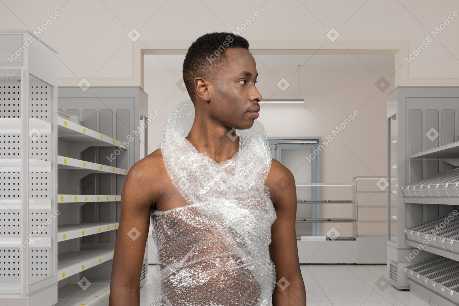 A man wearing a plastic wrap around his neck