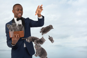 Businessman throwing kittens