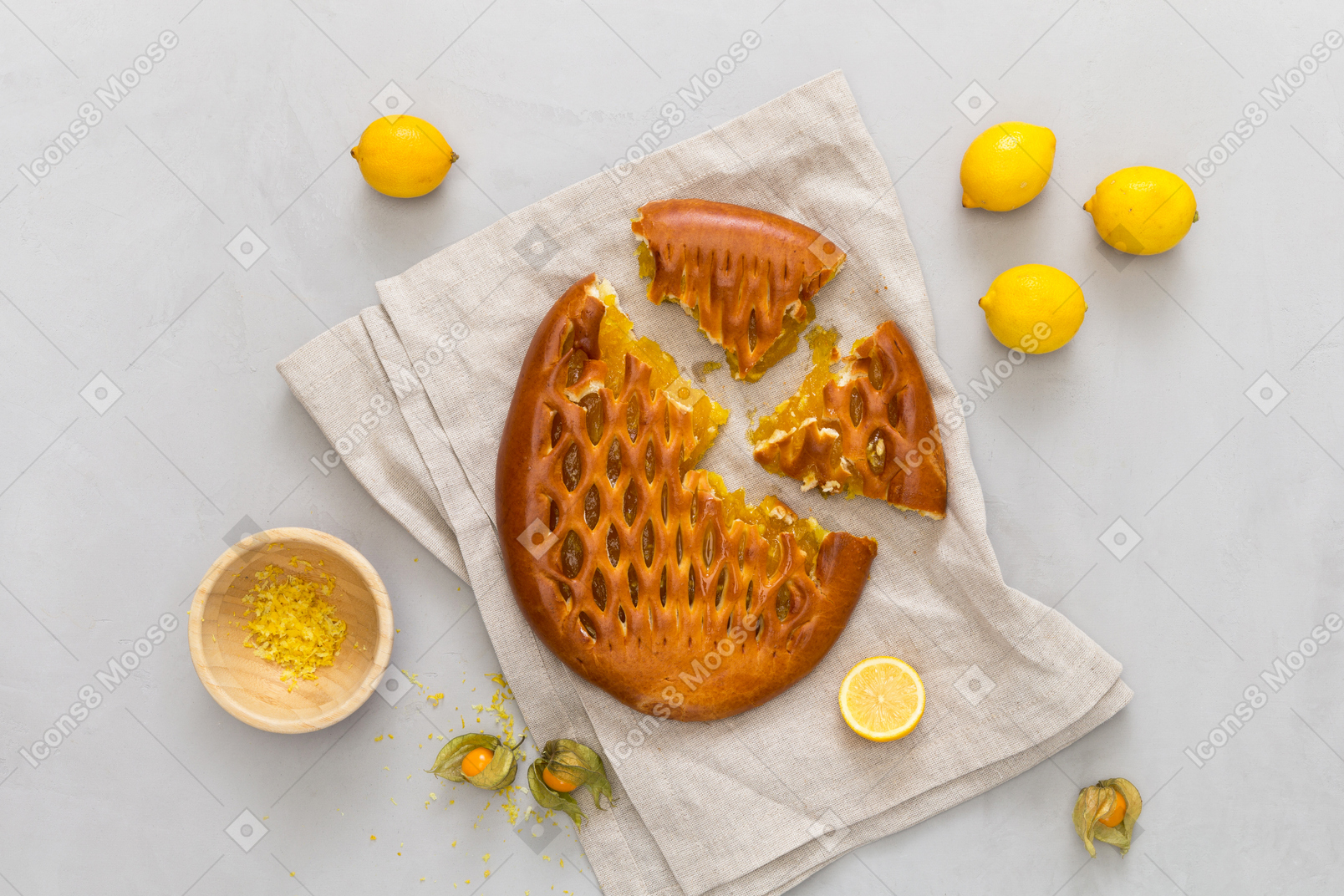 Lemon pie, lemons and lemon zest