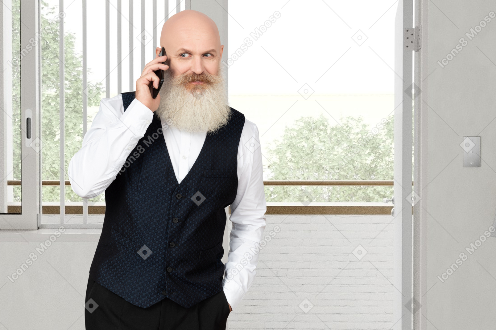 A bald man in a vest talking on a cell phone
