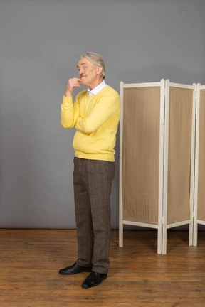 Three-quarter view of thoughtful old man touching chin