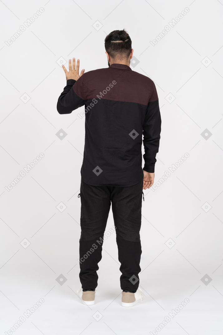 Back view of a man waving