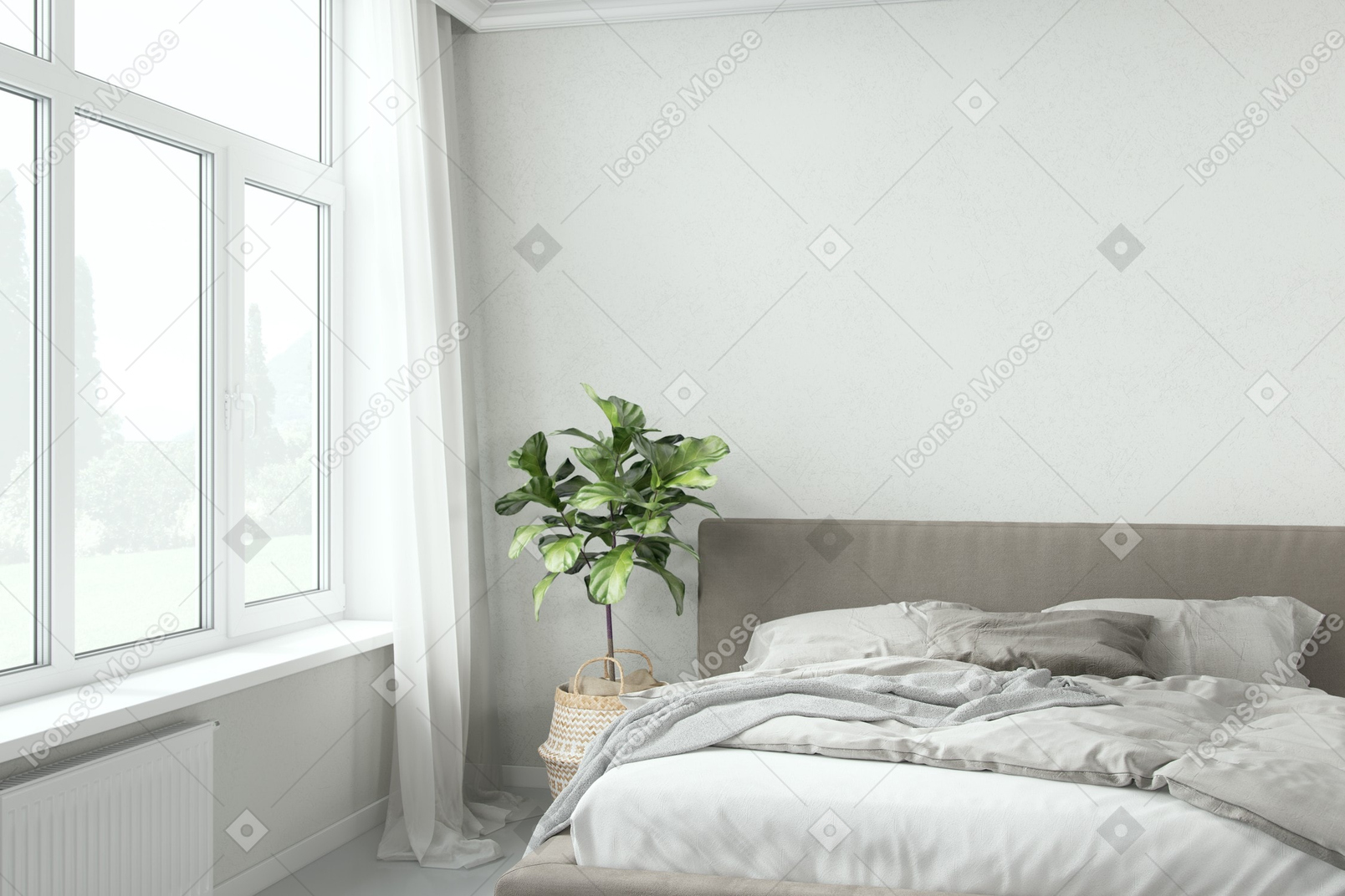 A bedroom with a white bed and white bedding