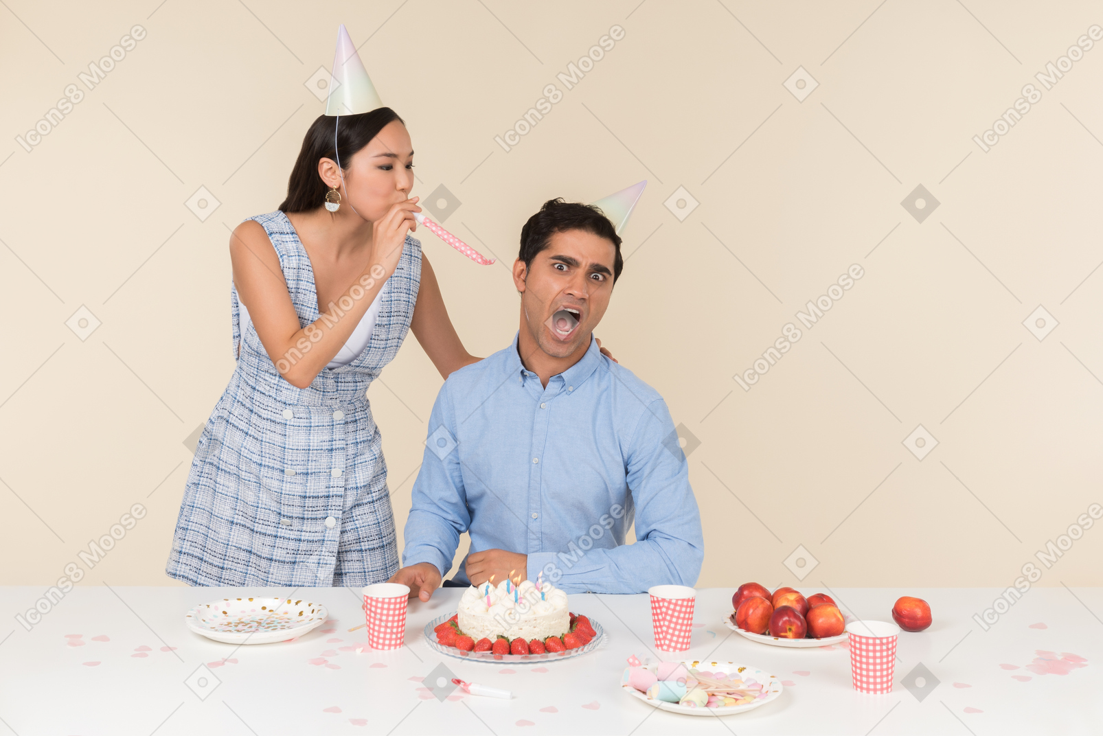 Young woman whistling right into her partner's ear