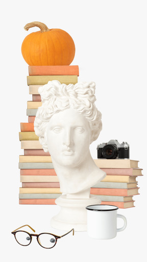 Statue bust, glasses, mug and book stacks with pumpkin and camera