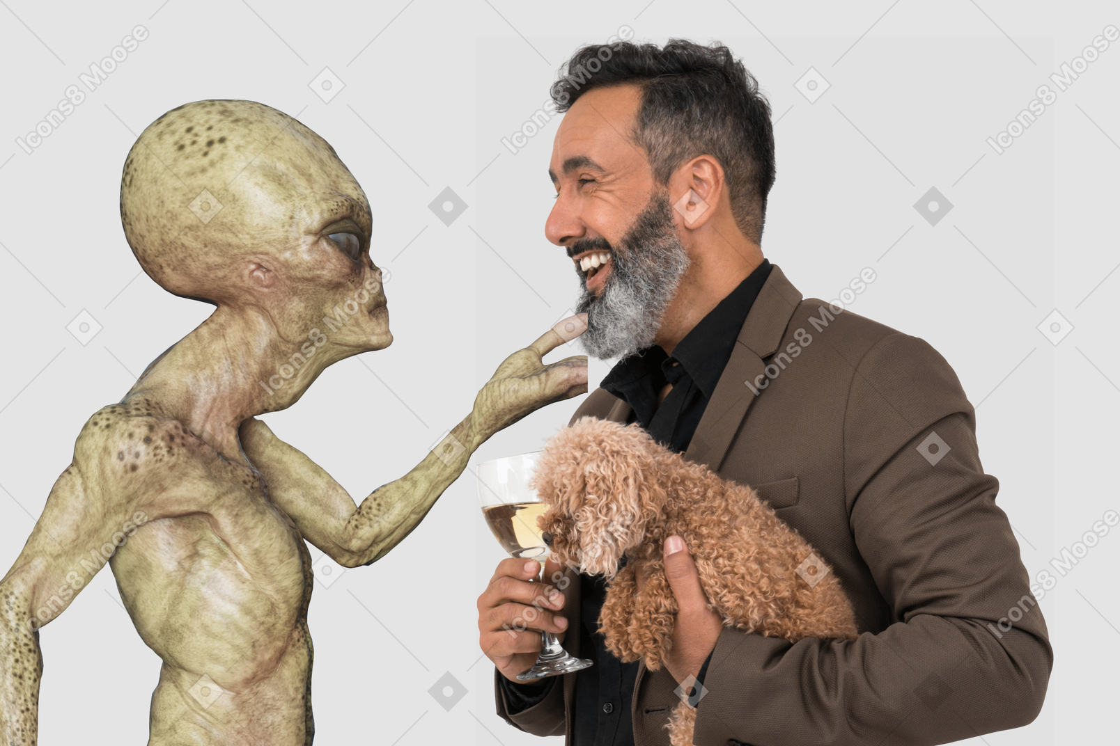A man holding a wine glass and a dog in front of an alien