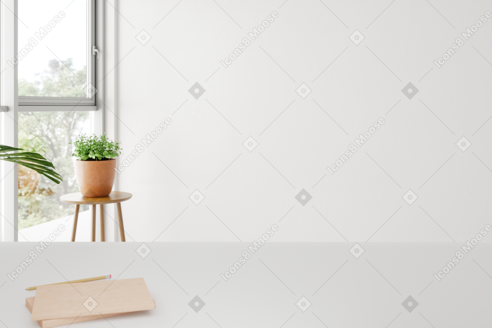 White room with plants, notebook and pencil
