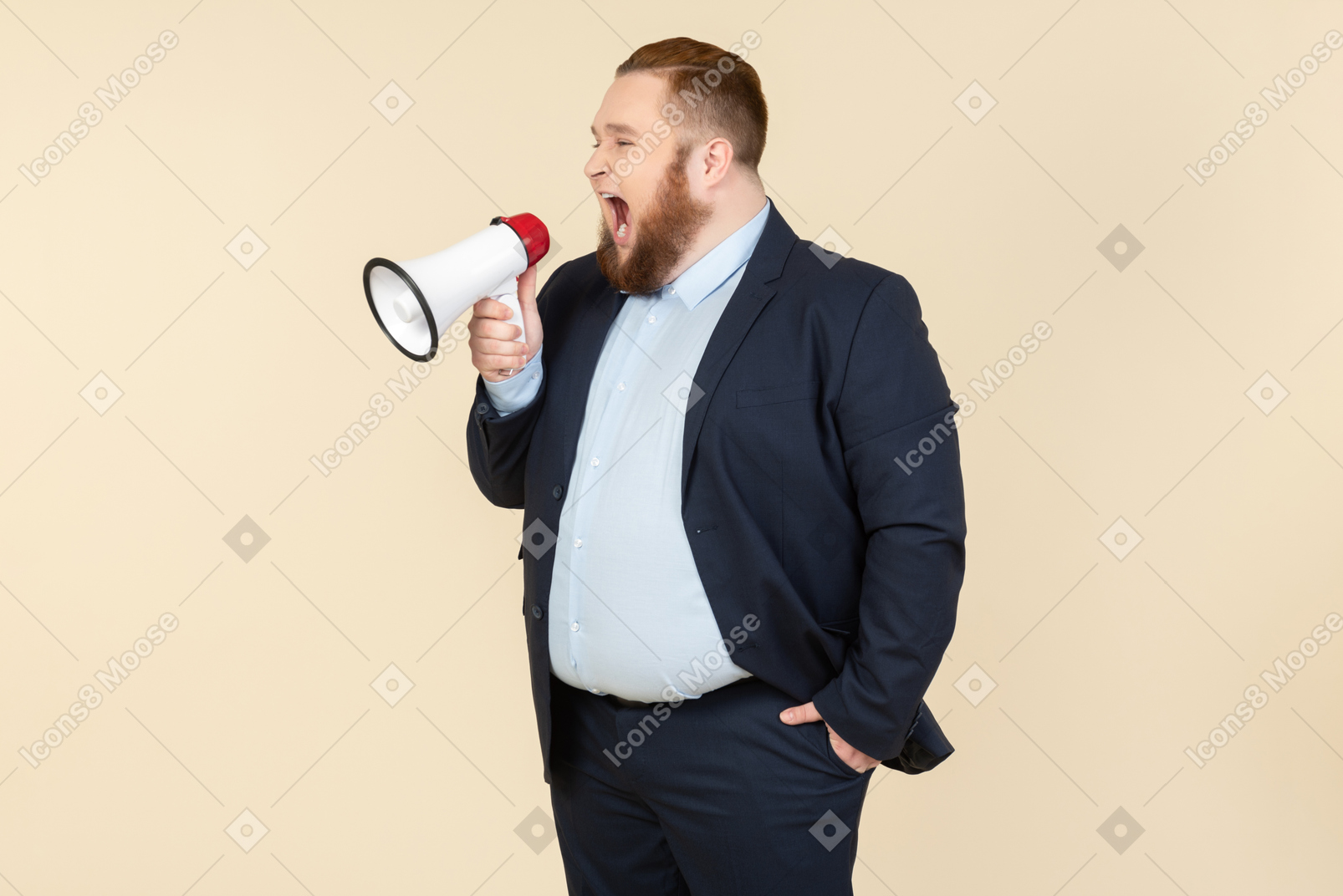 Young overweight office worker screaming using megaphone
