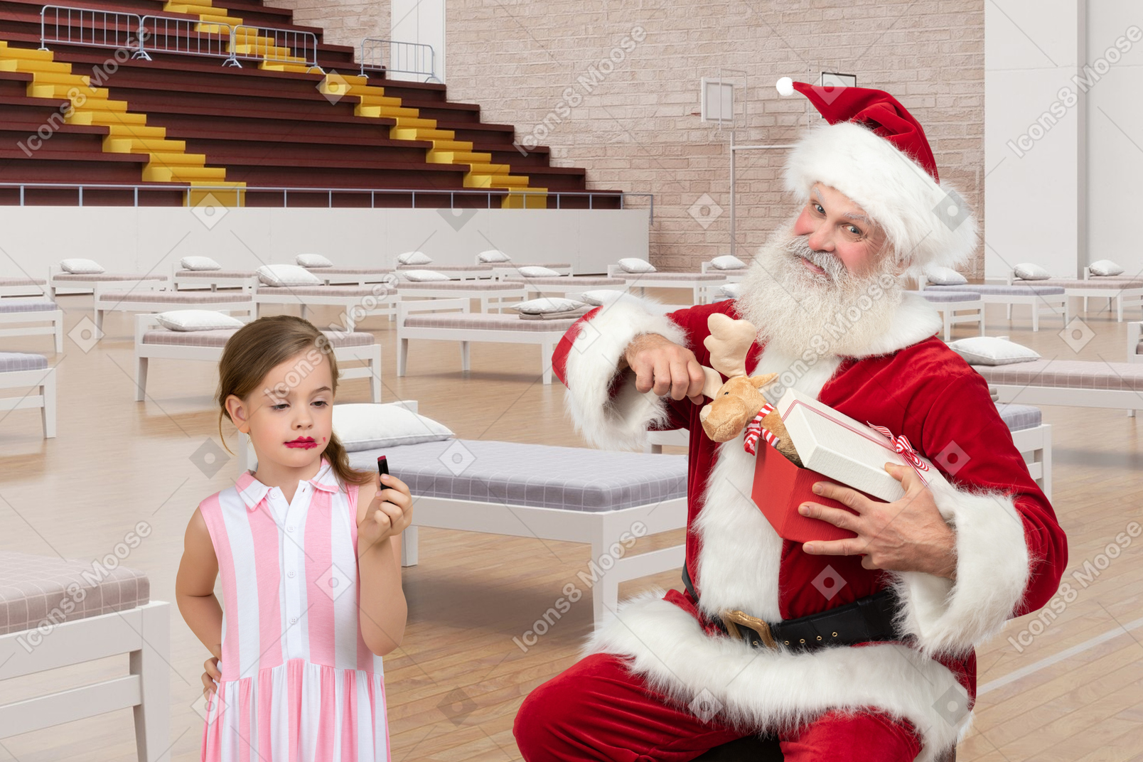 Santa and a little girl in a temporary hospital