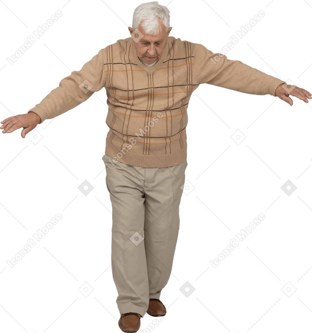 Front view of an old man in casual clothes walking forward with outstretched arms