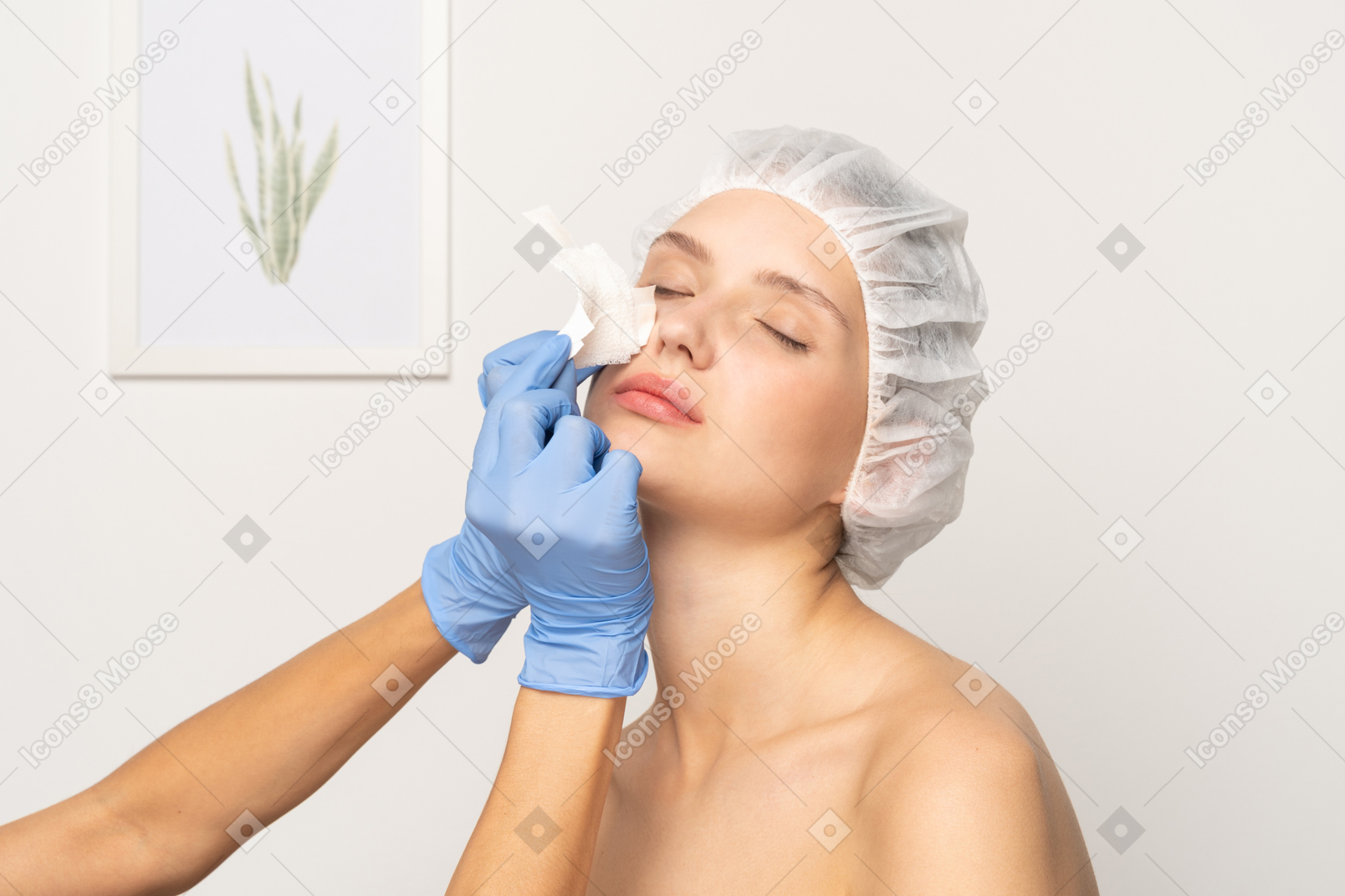 Doctor checking young woman's nose after rhinoplasty